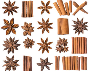 a Layout of cinnamon sticks and star anise isolated on a transparent background