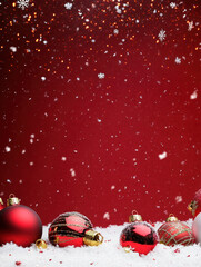 Festive Red Background with Sparkling Snowflakes and Shiny Baubles Creating a Cheerful Christmas Atmosphere, Ideal for Seasonal Celebrations and Decorations