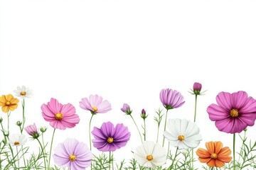 A seamless ribbon border with Cosmos flowers and buds illustrated in watercolor and Copy-Space, perfect for use in fabric, packaging, frames, adhesive tape, and paper.