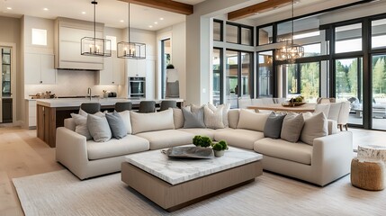 Obraz premium Beautiful Modern Living room Interior with furniture's ,mockup frame , posters, wall -3d Rendering