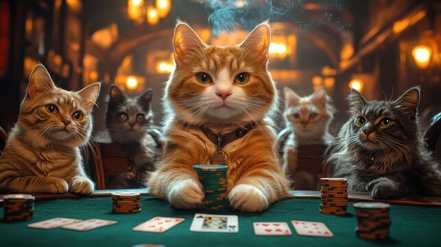 A ginger cat sits at a poker table with other cats, holding poker chips.