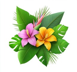 Obraz premium A selection of tropical flowers and leaves with a touch of exoticism, including tropical flora and a parrot, with each element isolated as a PNG.