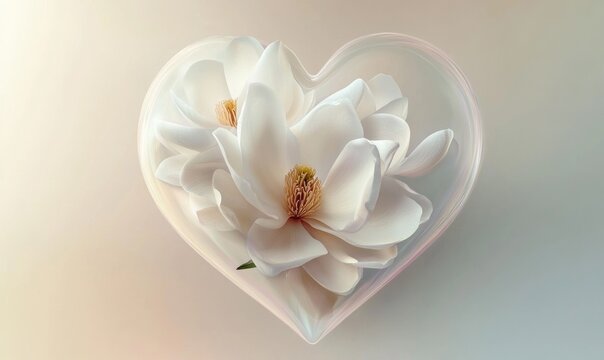 A white flower is in a heart shaped container