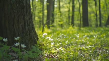 Tranquil Forest Scene with Wildflowers and Lush Green Foliage in Spring
