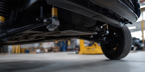 Fototapeta premium A close-up view of a car undercarriage in an industrial factory, highlighting suspension and mechanics.