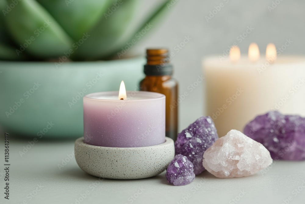 Poster burning scented candles, essential oils and crystals creating relaxing atmosphere