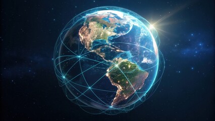 Illuminated earth from space highlighting interconnected digital networks and vibrant cities, emphasizing global communication and the technological fabric of modern society