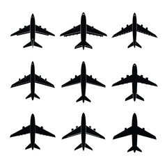 9 set of silhouettes of airplanes vector, black and white plane