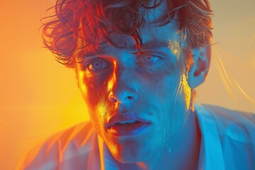 Confident male in neon blue and orange lighting, intense and stylish close-up portrait, modern...