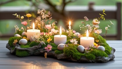 Delicate easter centerpiece with candles and flowers