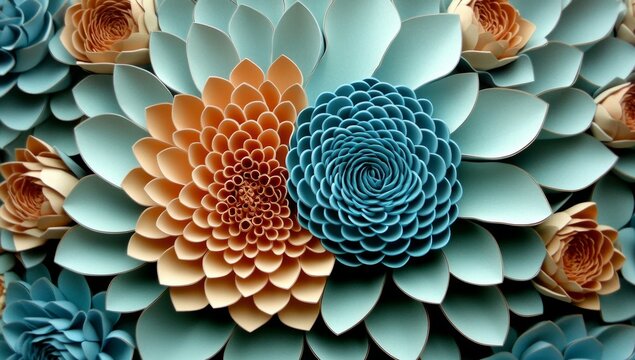 Dahilias in a rainbow of colors, their petals painting a lush background, Summer garden scene, Stock