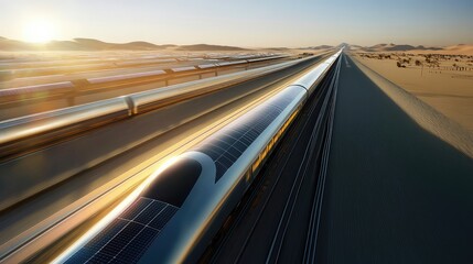 Fototapeta premium A solar-powered high-speed train in motion, racing down tracks under a clear sky, with solar arrays on top providing clean energy for a sustainable journey