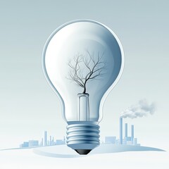 Symbolic Light Bulb With Tree Inside Against Industrial Backdrop Highlighting Environmental Awareness