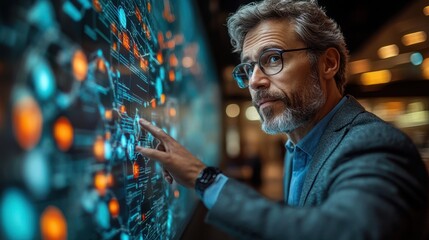 Senior Caucasian man engaged with futuristic digital interface.