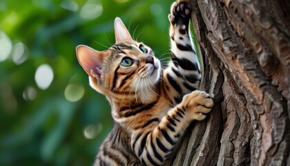 Naklejka premium Bengal cat climbing a tree with vibrant background