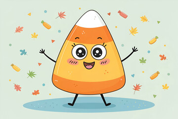 A cheerful cartoon candy corn character surrounded by colorful autumn leaves and festive decorations.