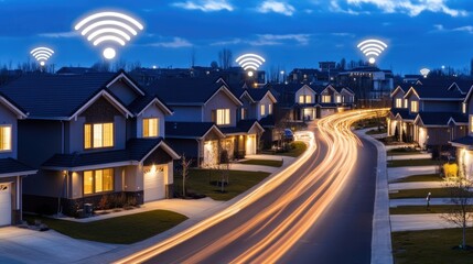 View of a suburban area featuring homes, fiber optic symbols for internet, and vehicle motion blur showcasing connectivity and speed