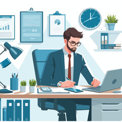 a man is using his laptop sitting on a chair looking in the laptop  colourful vector on a white background