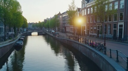 Fototapeta premium Serene Sunset View Over Canal with Charming Houses and Lush Trees