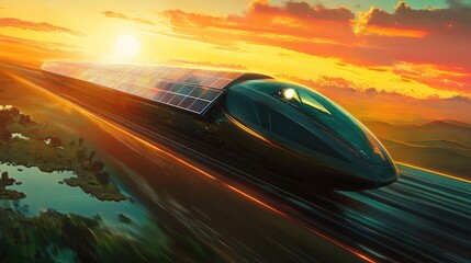 Obraz premium A solar-powered high-speed train moving effortlessly across a vibrant landscape, with the sun reflecting off its solar panels as the train reaches top speed