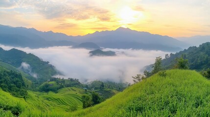 Naklejka premium Sunrise Over Misty Mountain Landscape with Lush Green Rice Terraces