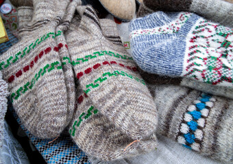 Hand knitted wool socks with ornament