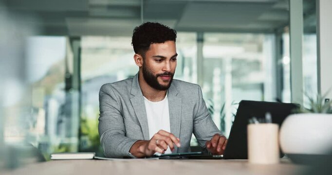 Business man, thinking and typing on laptop for startup funding proposal, strategic planning or risk management. Happy manager, thoughtful and credit request application, financial report and review
