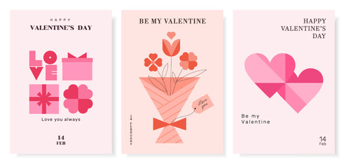 Valentine's day postcards set. Minimalistic vector designs pink and red. Hearts, gifts, love, flowers. Suitable for photos, wallpapers, posters