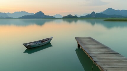Obraz premium Tranquil Dawn Reflections on a Serene Lake with a Wooden Dock and Boat