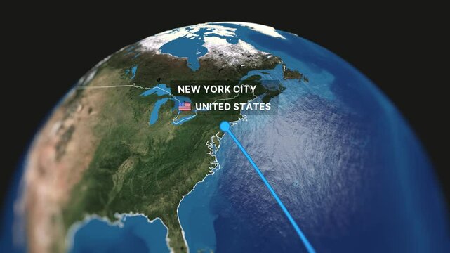 Engaging 3D animated map illustrating a flight route from S&atilde;o Paulo to New York City. Perfect for travel videos, tourism promotions, and corporate presentations.