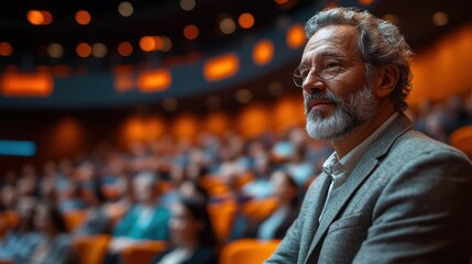 Obraz premium Thoughtful man in an auditorium during a conference.