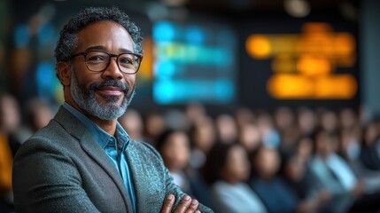 Obraz premium Confident Black man in a business setting with blurred audience.