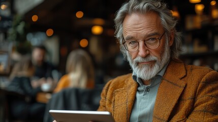 Obraz premium Elderly Caucasian man in a cozy café, reading on his tablet.