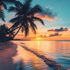 Island paradise palm tree sea sand beach. Panoramic amazing landscape. Inspire tropical beach seascape horizon. Colorful sunset sky calm tranquil relax summer mood. Vacation destination travel coast 