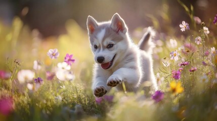 Fototapeta premium Playful Siberian Husky Puppy in Vibrant Wildflower Field