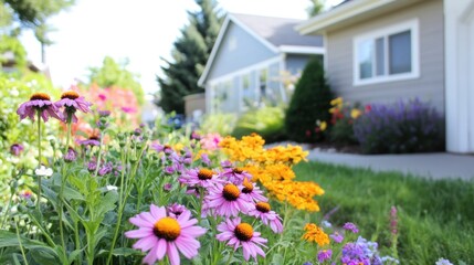 Colorful Blooming Garden in Front of Charming House on a Sunny Day