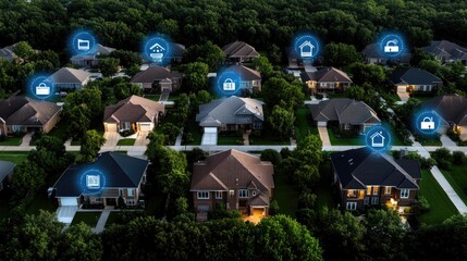 Discover a suburban neighborhood featuring homes and trees enhanced by digital symbols representing modern home technology solutions