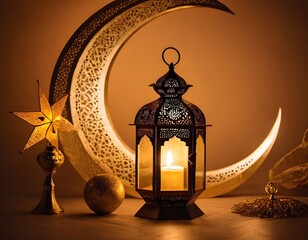 Islamic Arabic Burning Lantern with moon and star in the room dark brown color wall background. Ramadan Mubarak happy Eid Ul Fitr, Eid Ul Adha celebration concept 