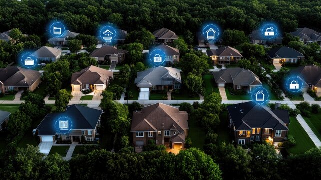 Discover a suburban neighborhood featuring homes and trees enhanced by digital symbols representing modern home technology solutions