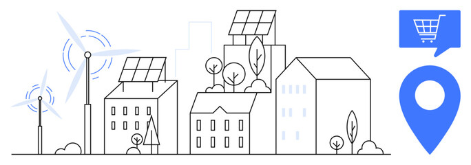 Urban landscape with wind turbines, solar panels on buildings, and eco-friendly homes. Ideal for smart city projects, renewable energy, sustainability, urban planning, green technology, eco-friendly
