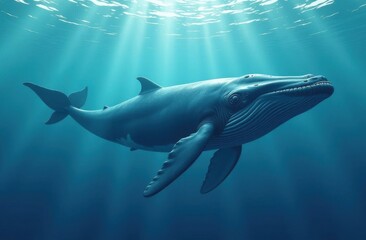 Fototapeta premium Whale is swimming in ocean. Water is blue and sun is shining on whale. Blue whale