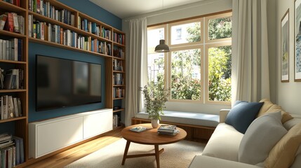 Fototapeta premium Cozy living room with built-in bookcase, large window, and comfortable seating.