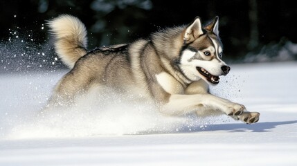 Naklejka premium Majestic Siberian Husky running in snowy field at sunset