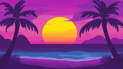 Vibrant Sunset Over Calm Ocean with Palm Trees and Mountain Silhouettes