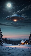 UFO in the sky over a cabin in the snow-covered forest, winter scene,  aircraft, alien, space, fly, flight, spaceship 