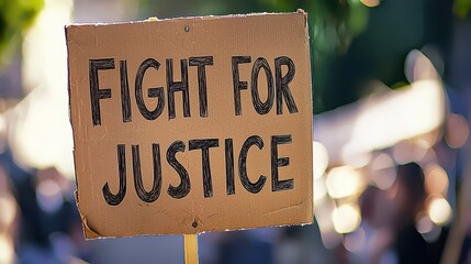 Cardboard sign with 'Fight for Justice' in a public setting