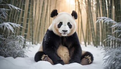 Obraz premium A calm and curious panda resting on fresh white snow in a serene bamboo forest, surrounded by frost-covered leaves and soft light breaking through the winter mist