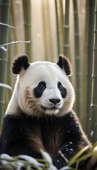 Obraz premium A giant panda sitting peacefully in a snow-covered bamboo forest, its black-and-white fur contrasting beautifully with the frosty landscape and golden sunlight filtering through the trees