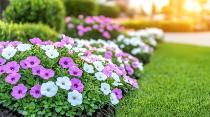 A botanical garden overflows with a colorful assortment of flowers and exotic plants, their dewdrops shimmering in the morning light.