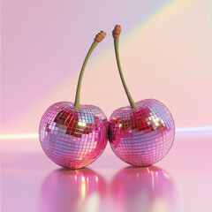 Fruit made from disco ball, pastel background, in the style of hyper-realistic photography